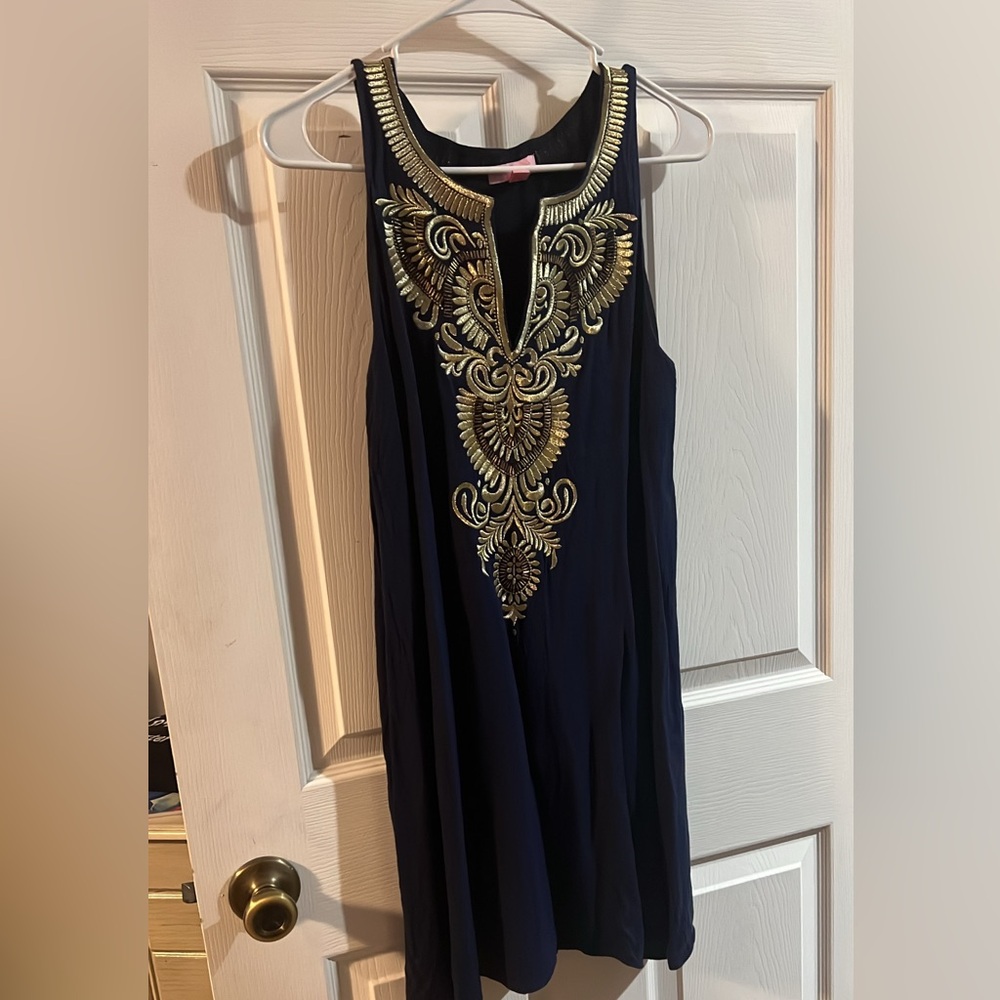 Navy Dress with Gold Embroidery